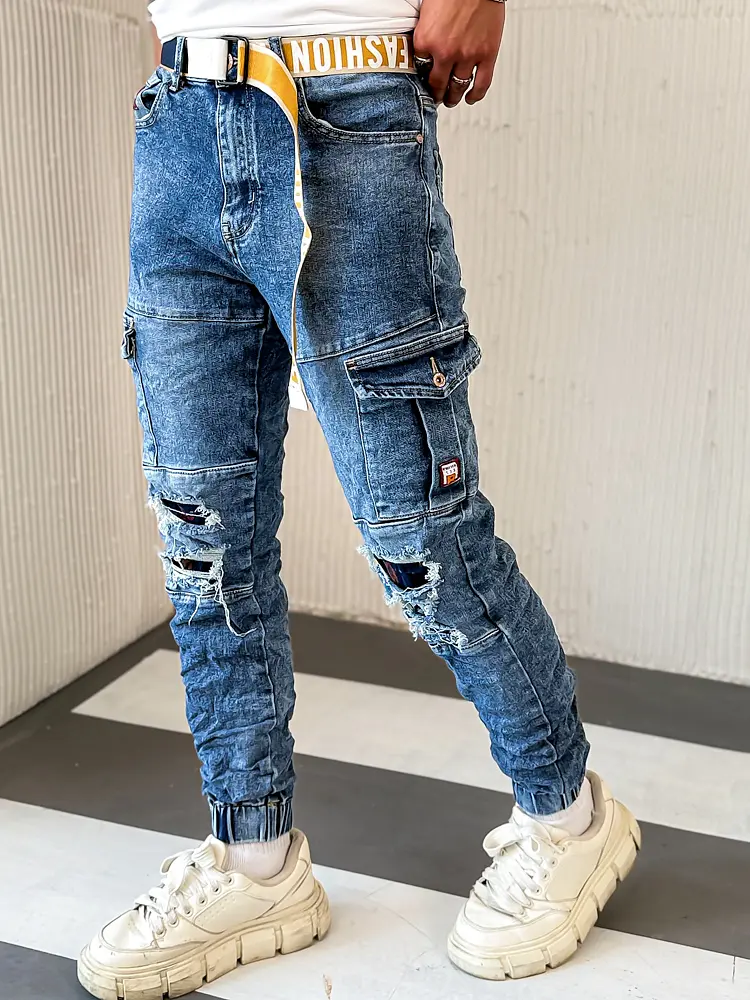 Szaggatott férfi cargo farmer övvel 