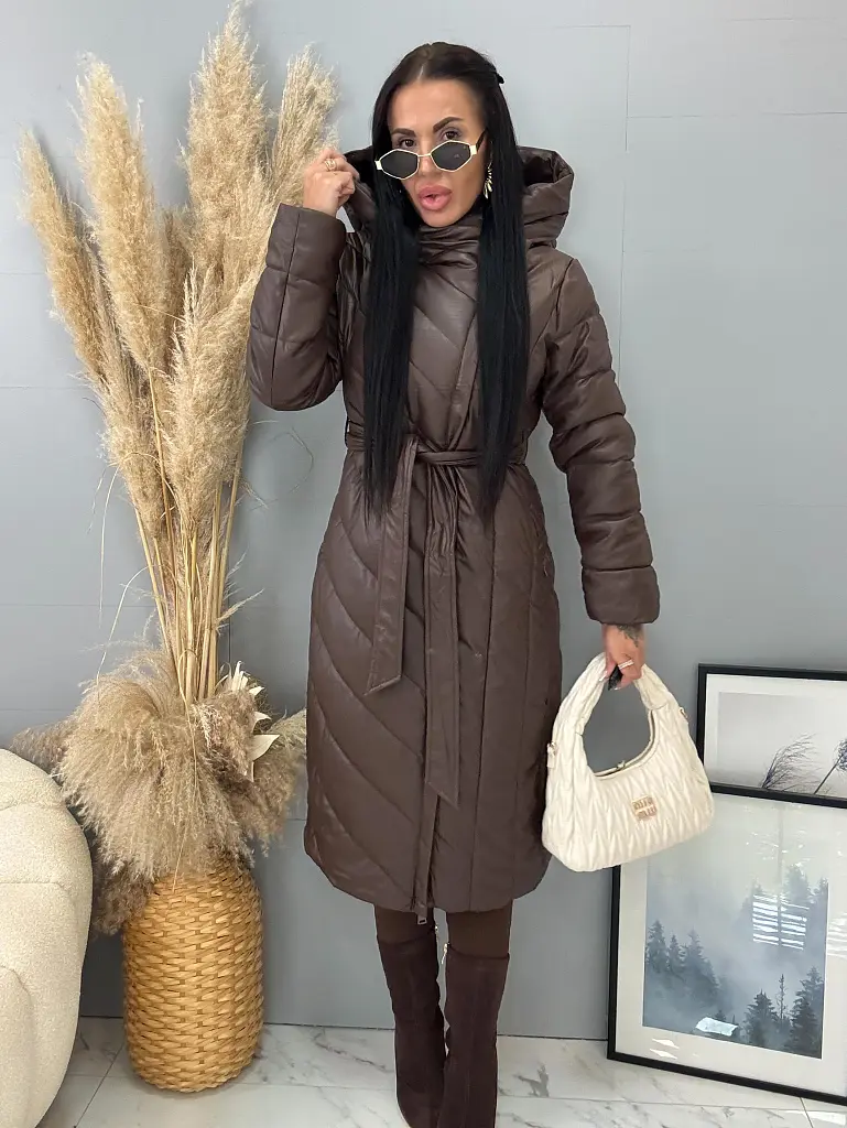 Hosszú műbőr kapucnis kabát övvel JAMEA - next