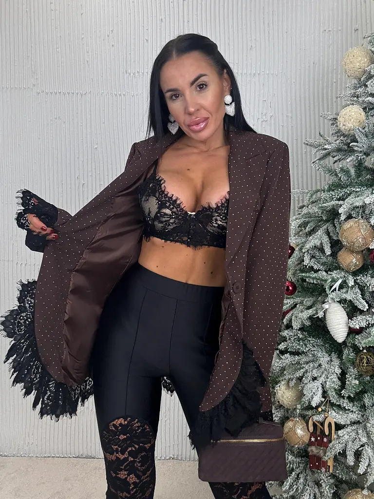 Barna csillogós zakó csipkével SELINA - next