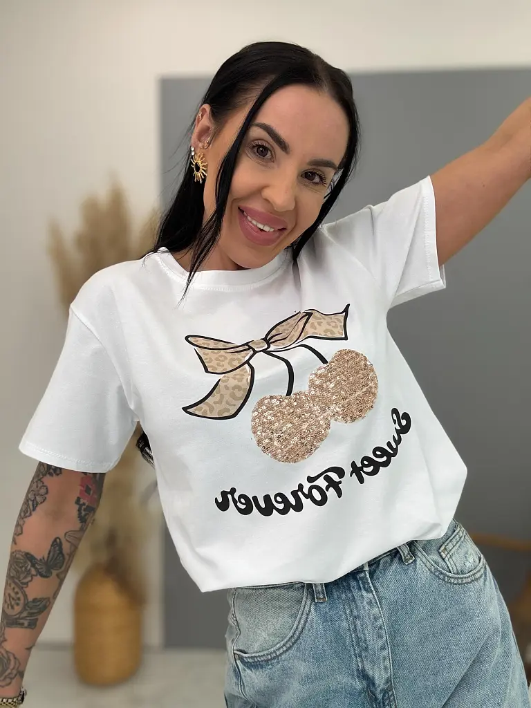 Fehér trikó flitteres díszítéssel és lenyomattal CHERRY GOLD