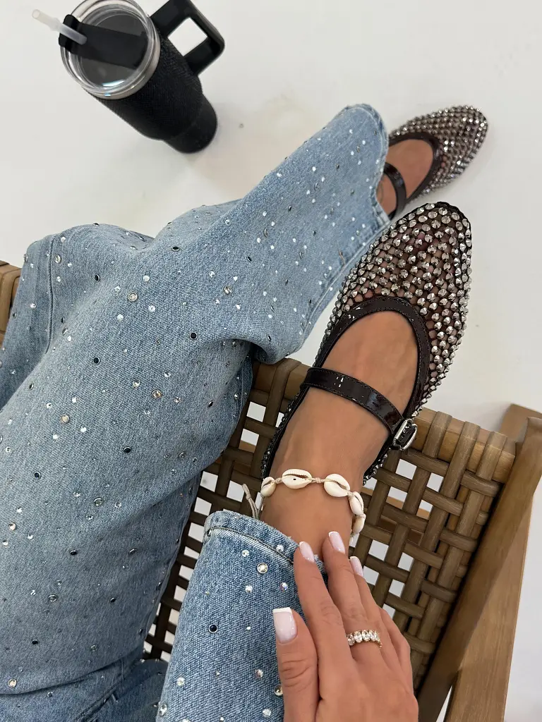 Hálós barna balerina cipők kövecskékkel díszítve KALIN