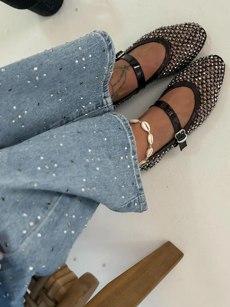 Hálós barna balerina cipők kövecskékkel díszítve KALIN - next