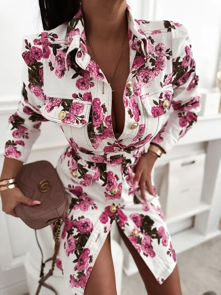 Virágmintás gombos farmerruha övvel AMELY  - next