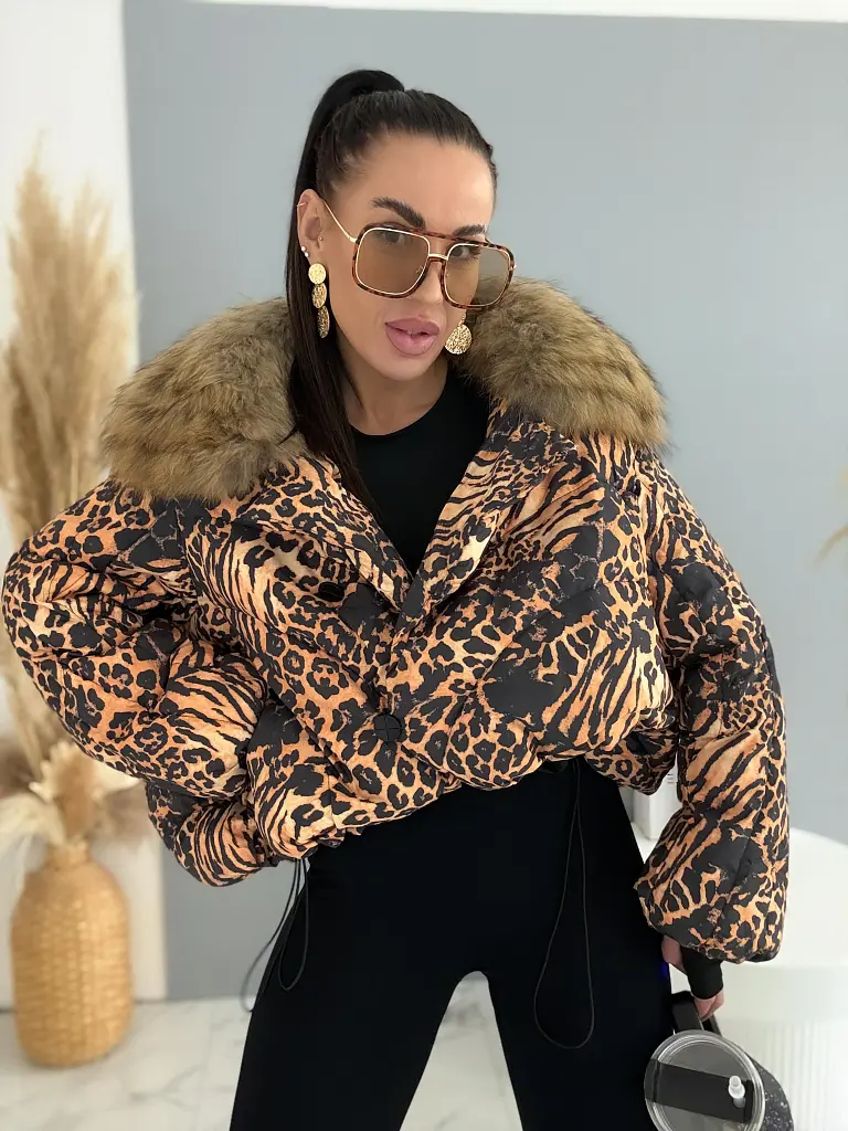 Leopárd mintás tollkabát valódi szőrmével WILD LUXE - next